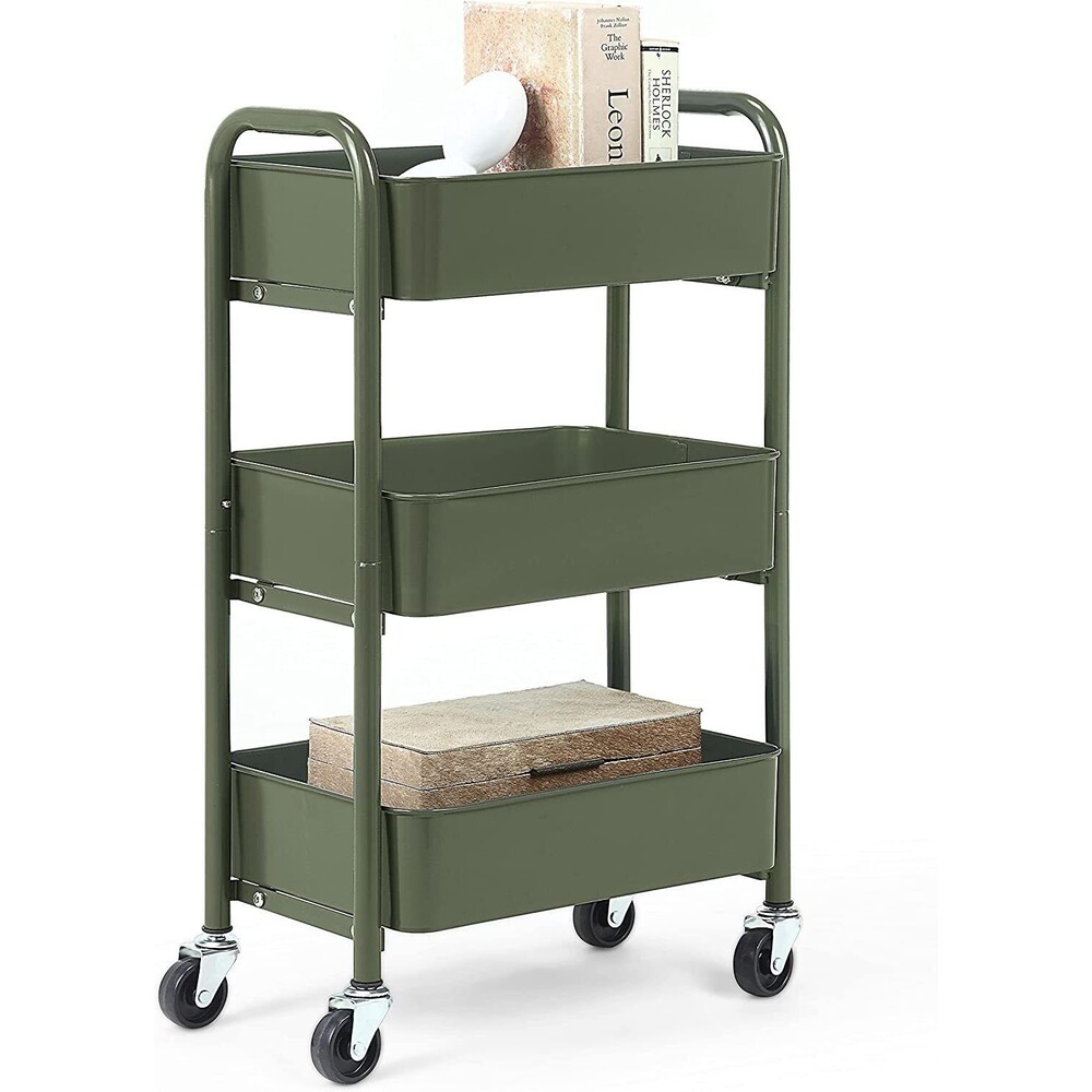 SunnyPoint 3-Tier Rolling Metal Storage Organizer - Mobile Cart - Army Color